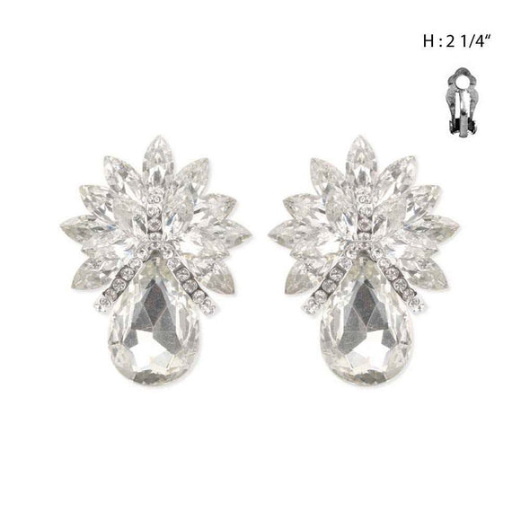 LARGE SILVER CLEAR Pineapple Design Clip On EARRINGS ( 4276 RCL )