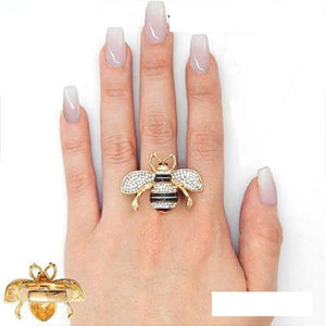 Gold Black Enamel CLEAR Rhinestone Bee Stretch Ring ( 2238 ) - Ohmyjewelry.com