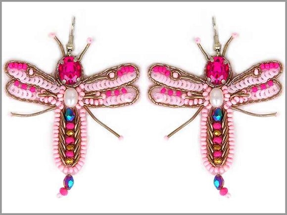 GOLD PINK DANGLING DRAGONFLY BEAD EARRINGS ( 3272 )