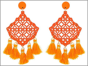 DANGLING ORANGE WOODEN EARRINGS ORANGE TASSELS ( 4249 OR )