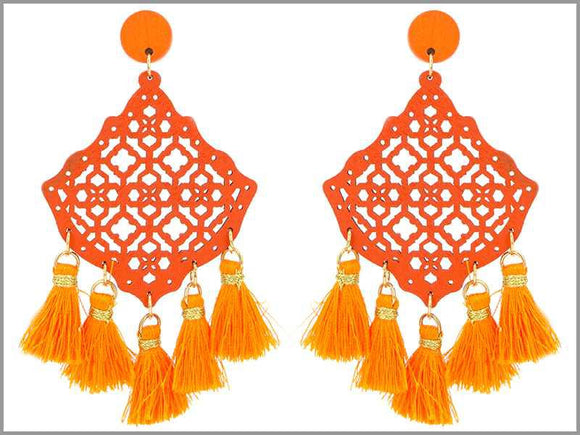 DANGLING ORANGE WOODEN EARRINGS ORANGE TASSELS ( 4249 OR )