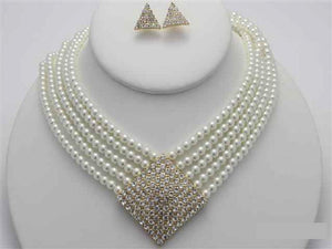 GOLD CREAM 5 Line Pearl Necklace Set with Rhinestone Square Pendant ( 16291 GCRM ) - Ohmyjewelry.com