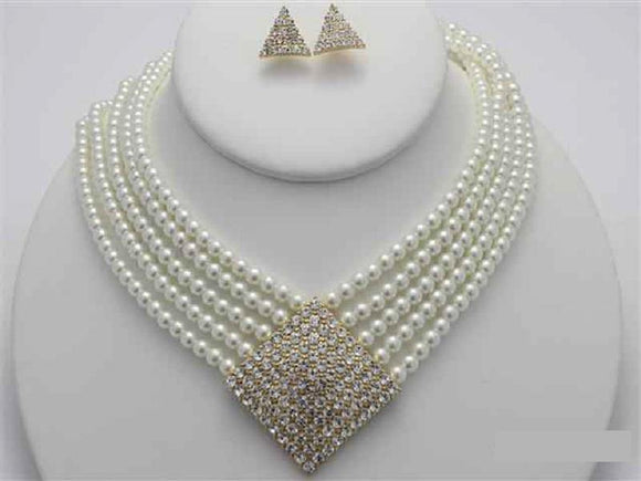 GOLD CREAM 5 Line Pearl Necklace Set with Rhinestone Square Pendant ( 16291 GCRM ) - Ohmyjewelry.com