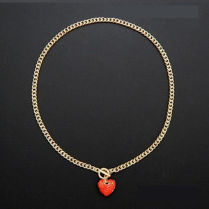 Small Gold RED Pave Rhinestone Heart Charm Toggle Necklace ( 2100 GDRED ) - Ohmyjewelry.com