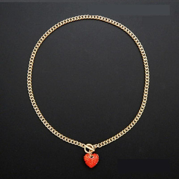 Small Gold RED Pave Rhinestone Heart Charm Toggle Necklace ( 2100 GDRED ) - Ohmyjewelry.com