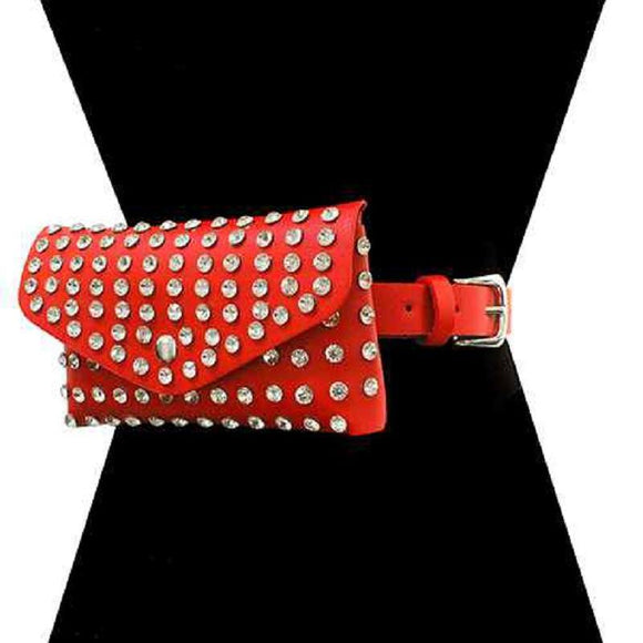 RED CLEAR CRYSTAL FAUX LEATHER BELT BAG ( 2526 RECLR ) - Ohmyjewelry.com