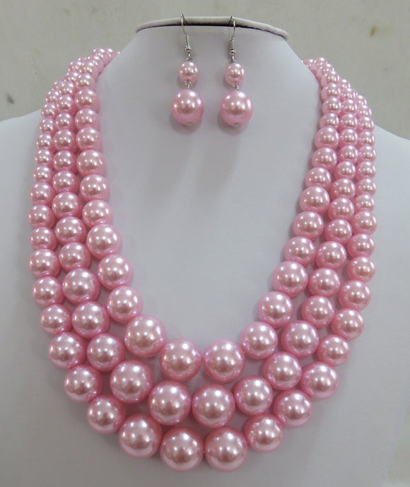 3 STRAND PINK PEARL NECKLACE SET ( 593 PK )