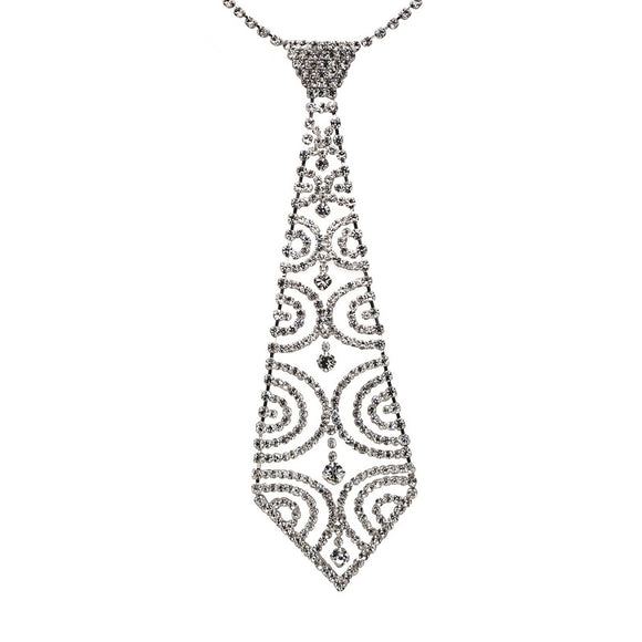 Silver Clear Rhinestone Neck Tie Necklace ( 12221 )