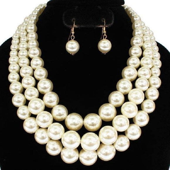 GOLD CREAM PEARL NECKLACE SET ( 0058 CRM ) - Ohmyjewelry.com