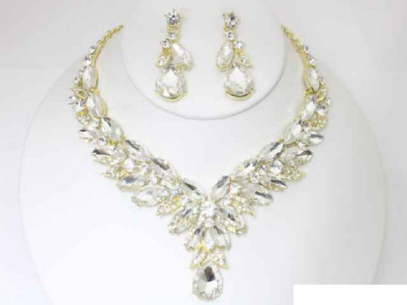 GOLD NECKLACE SET CLEAR STONES ( 19078 GCRY )