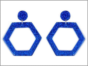 BLUE CELLULOID GLITTER HEXAGON EARRINGS ( 2191 ) - Ohmyjewelry.com