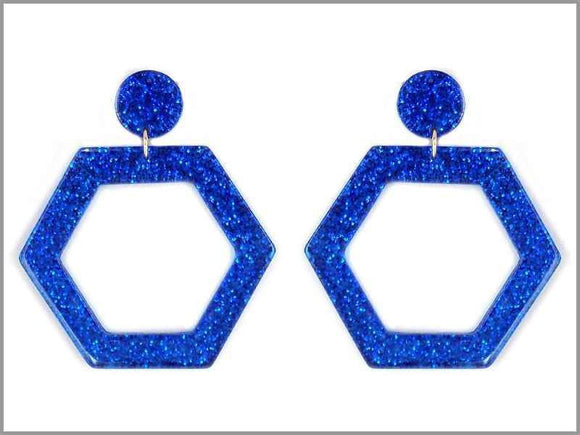 BLUE CELLULOID GLITTER HEXAGON EARRINGS ( 2191 ) - Ohmyjewelry.com