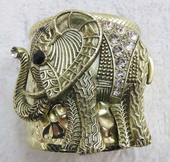 ANTIQUE GOLD CUFF BANGLE ELEPHANT CLEAR STONES ( 3934 AG ) - Ohmyjewelry.com