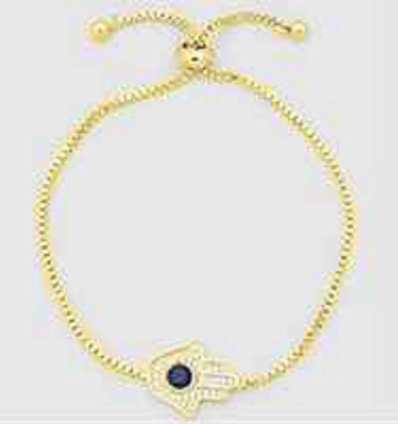 GOLD ADJUSTABLE HAMSA BRACELET CLEAR BLUE CZ CUBIC ZIRCONIA STONES ( 350 ) - Ohmyjewelry.com