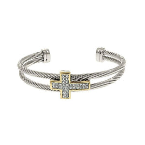 SILVER GOLD CUFF BANGLE CROSS CLEAR STONES ( 1134 ) - Ohmyjewelry.com