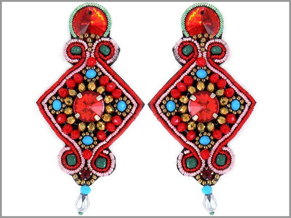 RED MULTI COLOR SOUTACHE EARRINGS STONES ( 2278 ) - Ohmyjewelry.com