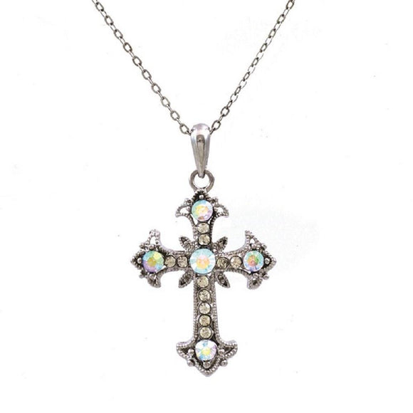 Silver Clear and AB Rhinestone Cross Charm Necklace ( 13184 SAB ) - Ohmyjewelry.com