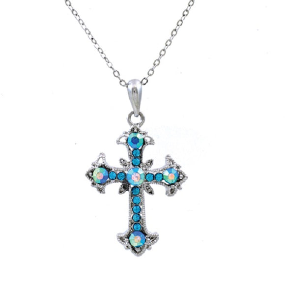 Aqua Blue Rhinestone Cross Charm Necklace ( 13184 AQ )