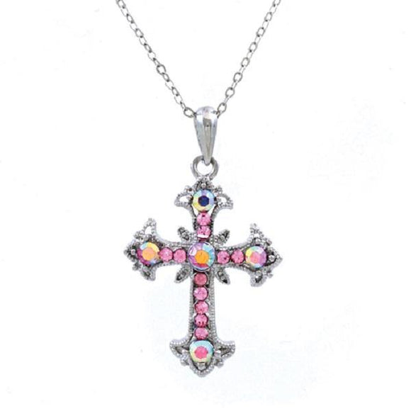 Pink Rhinestone Cross Charm Necklace ( 13184 PK ) - Ohmyjewelry.com