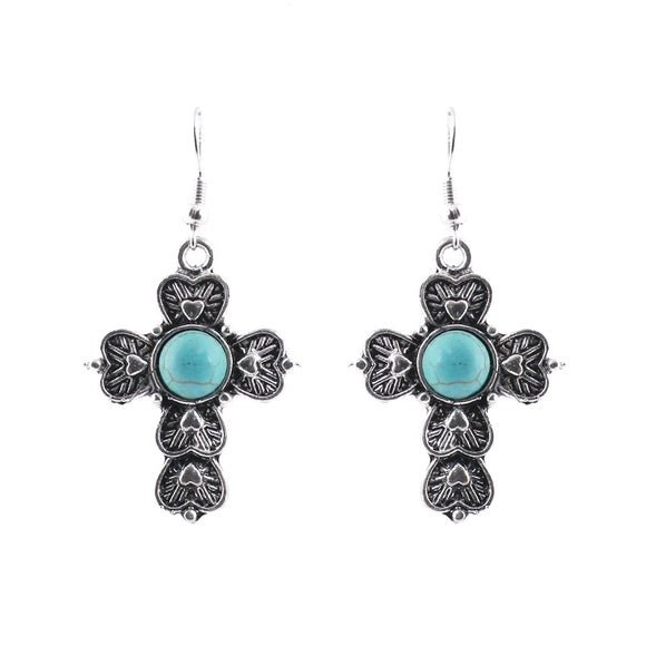 SILVER CROSS EARRINGS TURQUOISE STONE ( 23789 TQS )