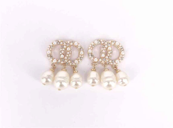 GOLD RING EARRINGS CLEAR STONES CREAM PEARLS ( 4346 GDCR )