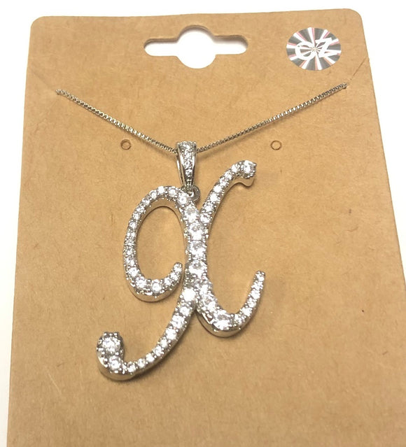 SILVER NECKLACE CURSIVE X PENDANT WITH CLEAR CUBIC ZIRCONIA ( 0025 X 3C )