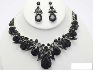 SILVER NECKLACE SET BLACK STONES ( 19081 SBK ) - Ohmyjewelry.com