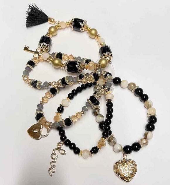5 STRAND GOLD BLACK STRETCH CHARM BRACELETS ( 590 BK )