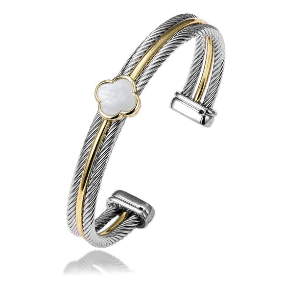 SILVER GOLD CABLE CUFF BANGLE MOTHER OF PEARL COLOR STONE ( 1017 MOP )