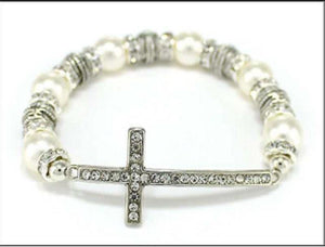 SILVER WHITE PEARL CLEAR STONES CROSS STRETCH BRACELET ( 04796 ASPRL ) - Ohmyjewelry.com