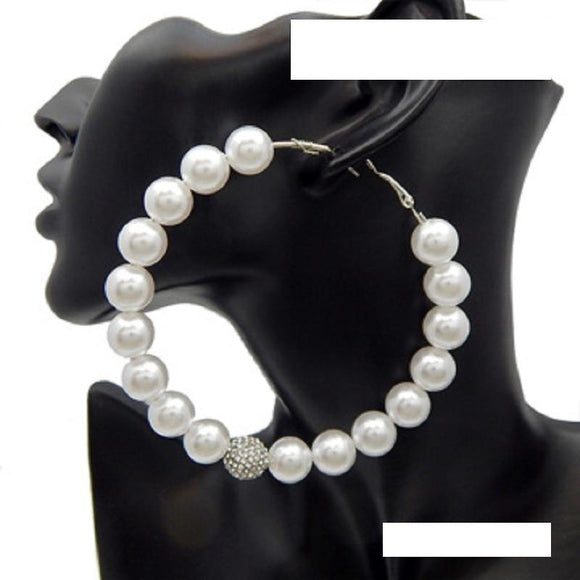 80mm SILVER WHITE Pearl CLEAR Rhinestone Ball Fashion Hoop Earrings ( 2833 RDWHT ) - Ohmyjewelry.com
