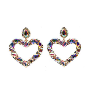 LARGE GOLD METAL HEART EARRINGS AB STONES ( 033703 GAB )