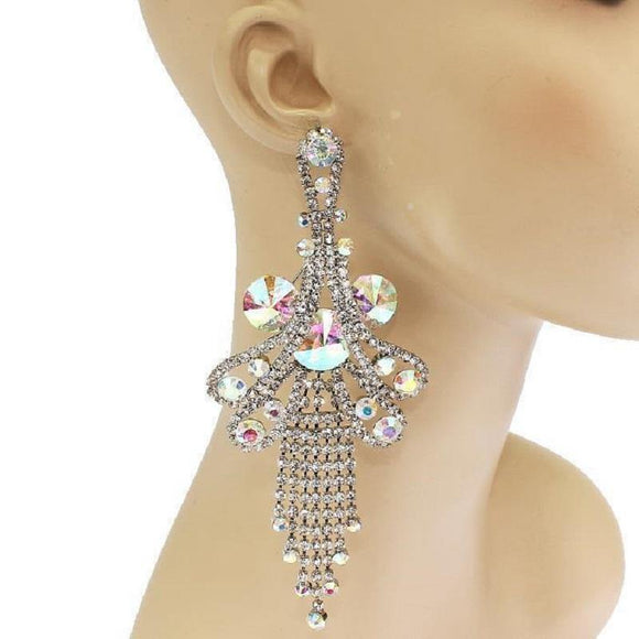 Large SILVER CLEAR AB Stone Fringe Chandelier Earrings ( 0390 SAB ) - Ohmyjewelry.com
