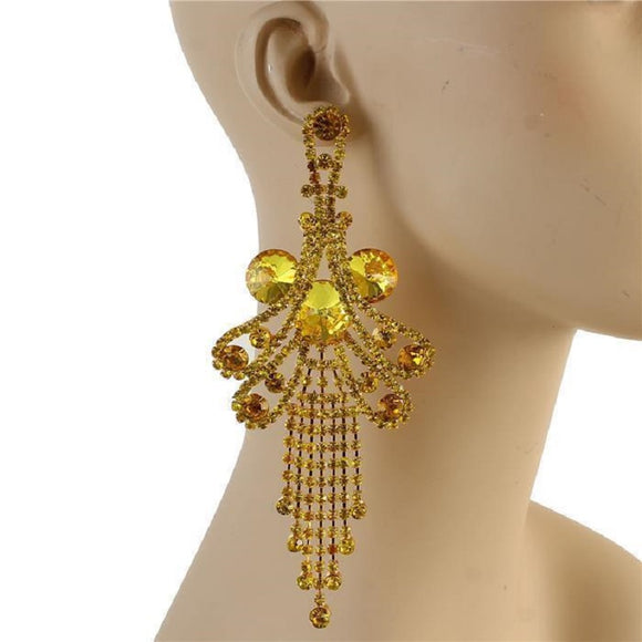 LARGE GOLD YELLOW Stone Fringe CLIP ON Chandelier Earrings CLIP ON