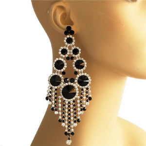 SILVER CLEAR BLACK Large PIERCE Fringe Chandelier Earrings ( 7592 )