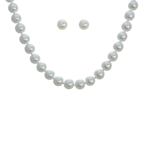 8mm White Pearl Beaded Necklace with Stud Earrings ( 15642 16 WHR )