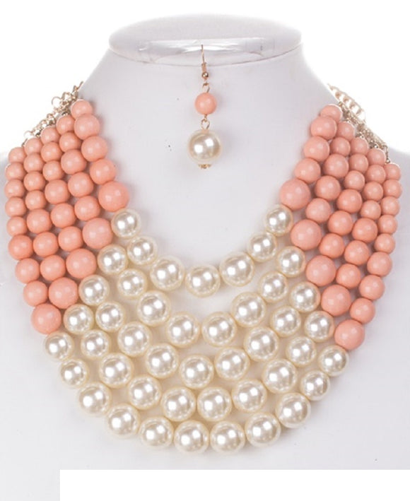 PINK Cream 5 Layered Pearl Necklace with Matching Dangling Earrings ( 0175 CRMPK )