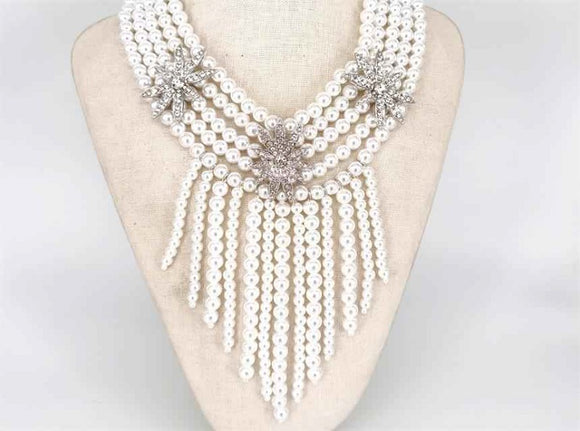 SILVER WHITE PEARL NECKLACE SET CLEAR STONES ( 1332 RHWT )