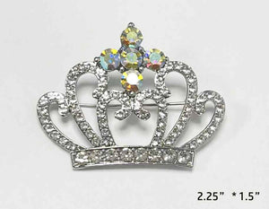 SILVER CROWN BROOCH CLEAR AB STONES ( 3770 S )