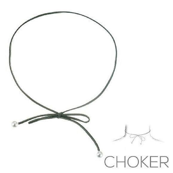 Olive Green Suede Choker with Pearl Ends ( 16120 )