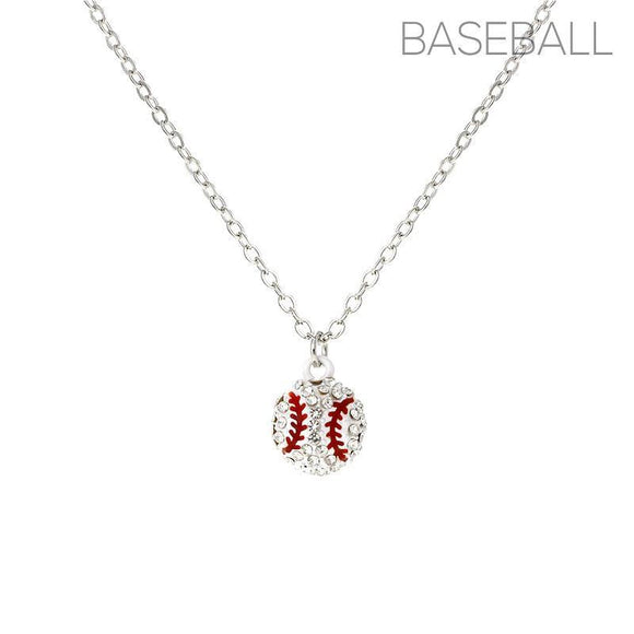 Silver Necklace With White Baseball Pendant with Clear Stones ( 16924 ) - Ohmyjewelry.com