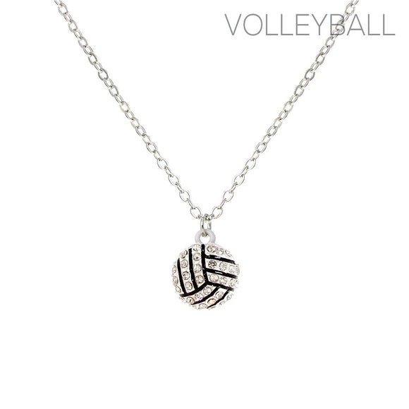 Silver Volleyball Necklace With Clear Stones ( 16934 )
