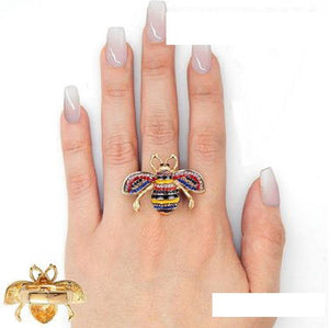 GOLD MULTI COLOR STONES BEE STRETCH RING ( 2238 ) - Ohmyjewelry.com