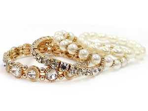 GOLD STRETCH BRACELET CLEAR STONES CREAM PEARLS ( 5329 GDCRP )