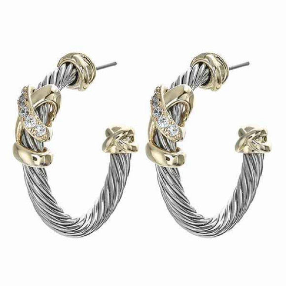 SILVER GOLD HOOP EARRINGS CLEAR CZ CUBIC ZIRCONIA STONES ( 8357 ) - Ohmyjewelry.com