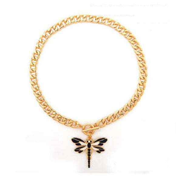 GOLD NECKLACE DRAGONFLY PENDANT BLACK WHITE