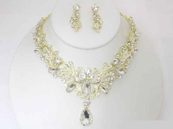 GOLD NECKLACE SET CLEAR STONES ( 19502 GCRY )