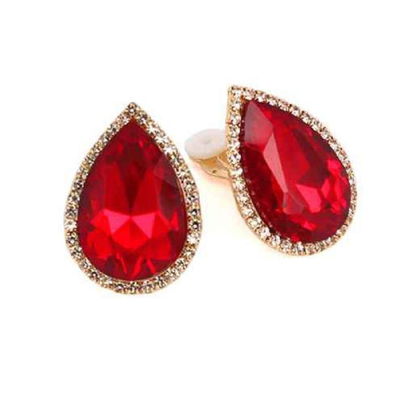 GOLD TEARDROP CLEAR RED STONES CLIP ON ( 4080 GDLSM ) - Ohmyjewelry.com