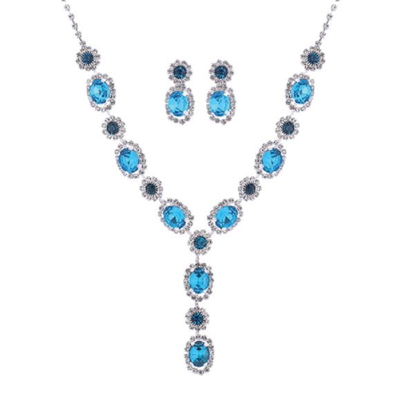 SILVER NECKLACE SET WITH CLEAR AND BLUE STONES ( 17044 BLZS )