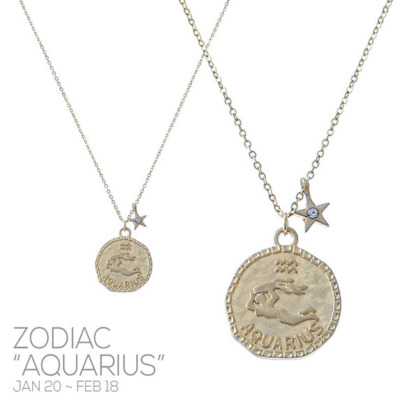 Zodiac Sign AQUARIUS Stamp Charm Necklace ( 17100-11 )